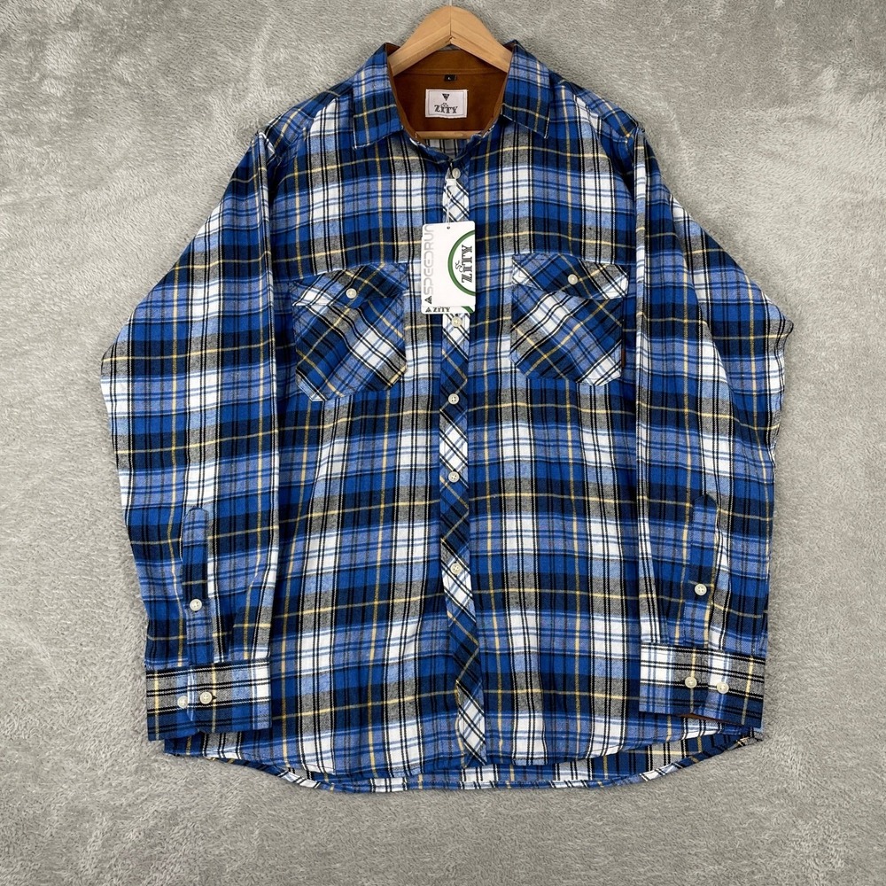Zity Plaid Shirt Mens Large Blue Yellow Flannel Style Workwear Corduroy Trim
